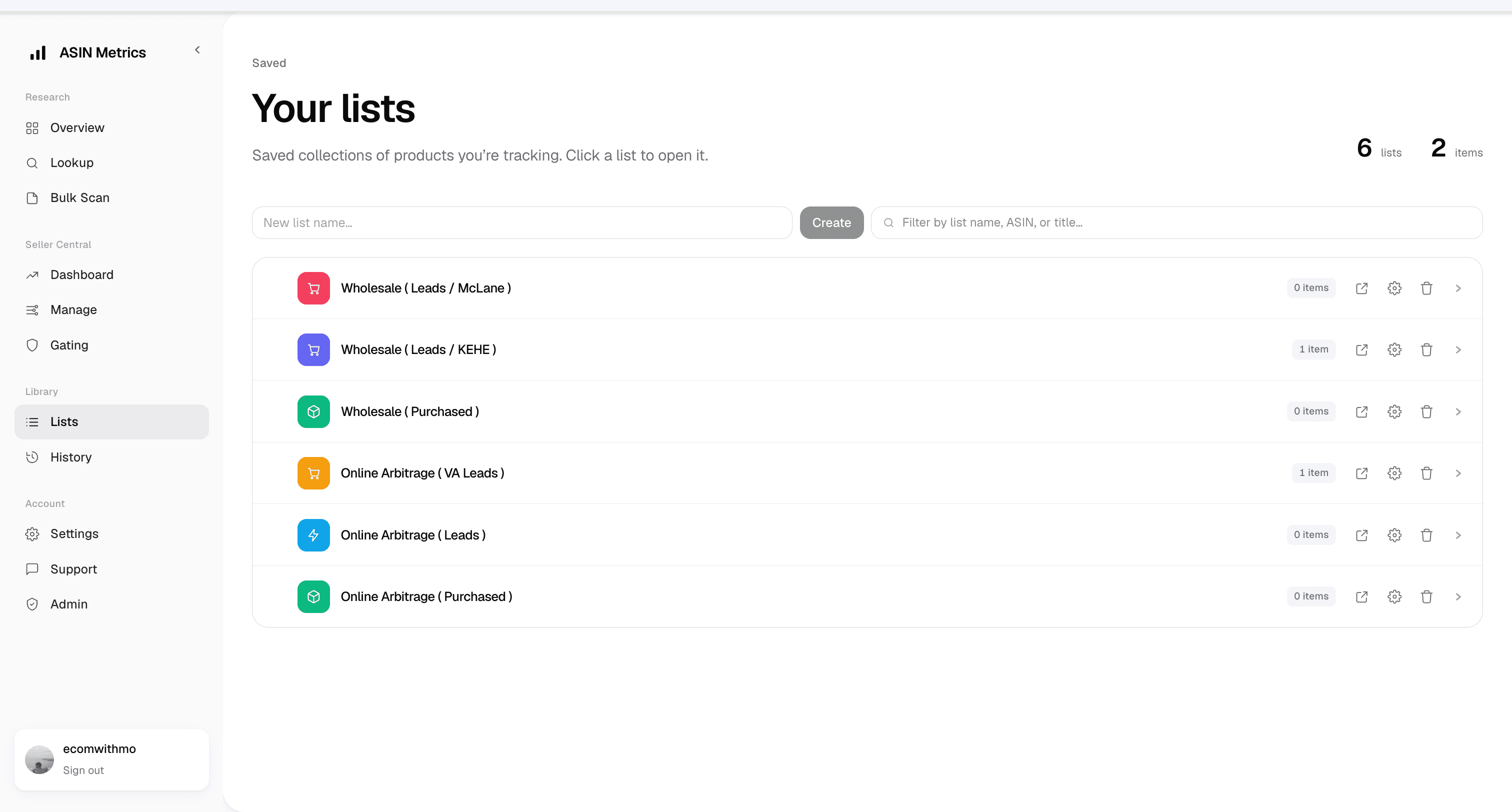 ASIN Metrics lists library — six saved lists for wholesale and online-arbitrage leads with color coding and per-list item counts.